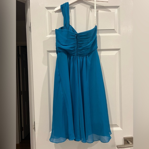 Davids Bridal Short One Shoulder Dress Pacific Blue. - Picture 2 of 7